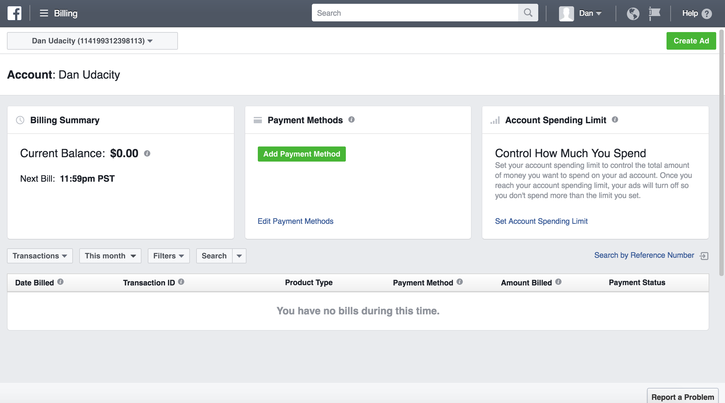 Facebook Ads Manager: Billing Section