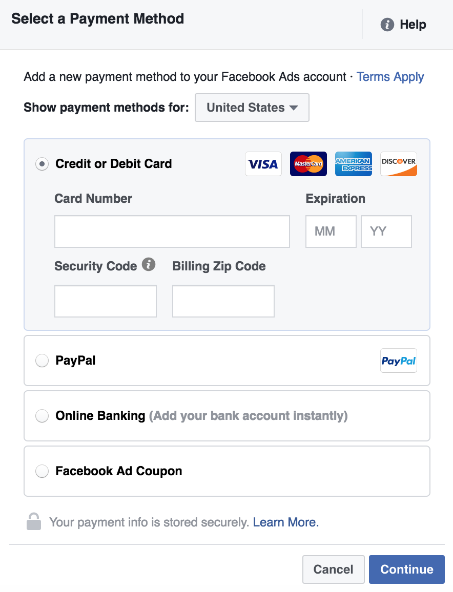 Facebook Ads Manager: Select a Payment Method