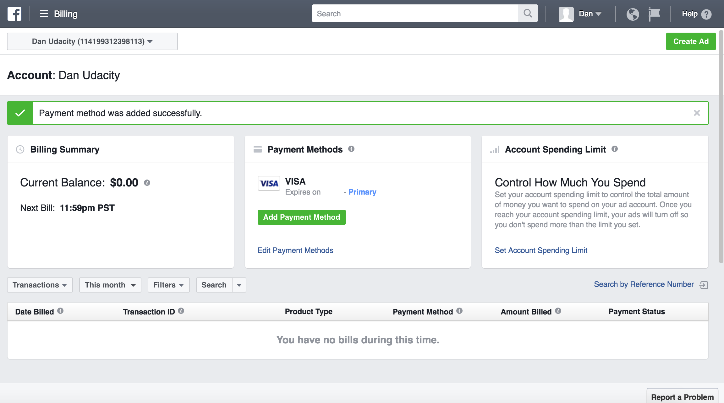 Facebook Ads Manager: Billing Section with Credit Card added