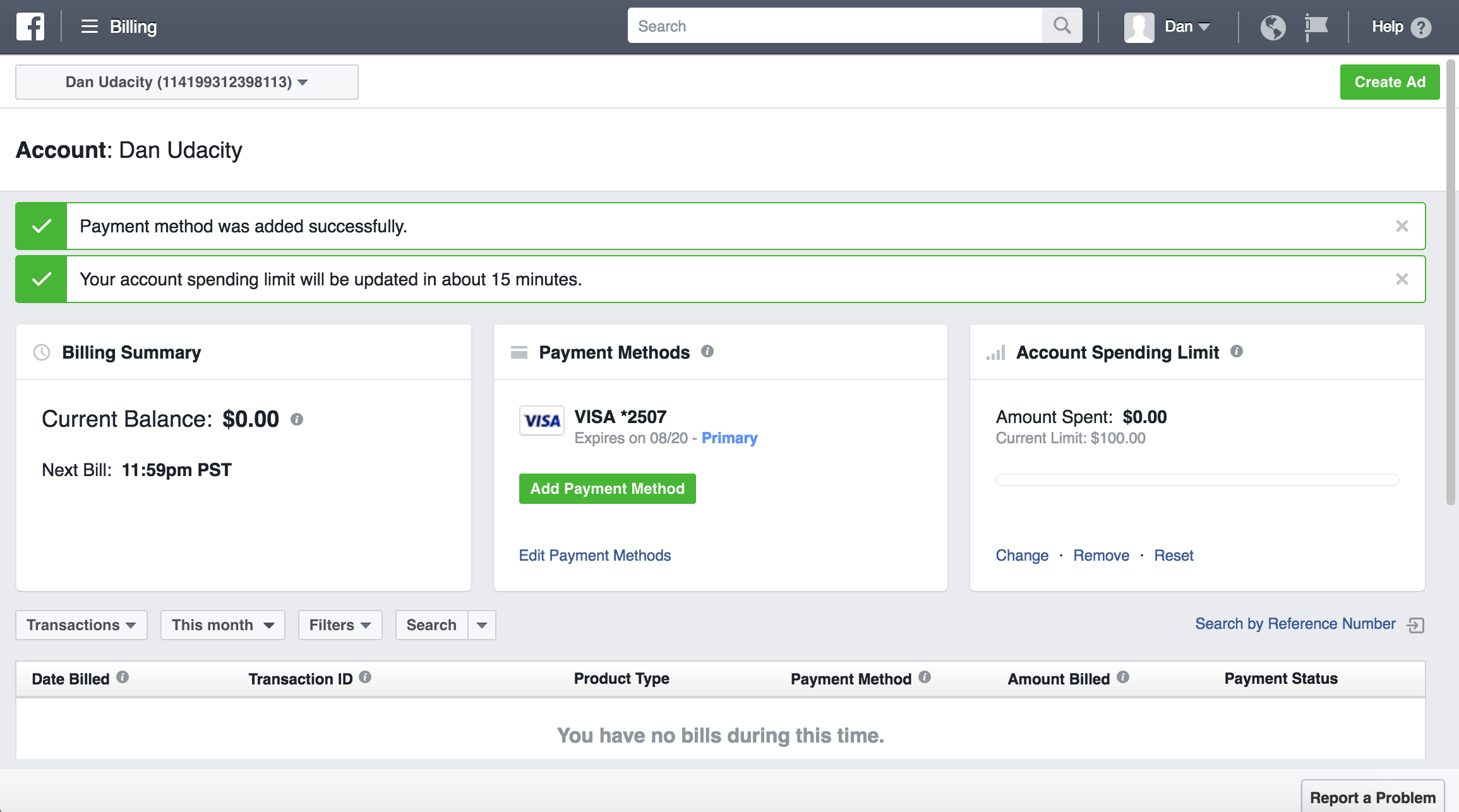 Facebook Ads Manager: Billing Section with Account Spending Limit