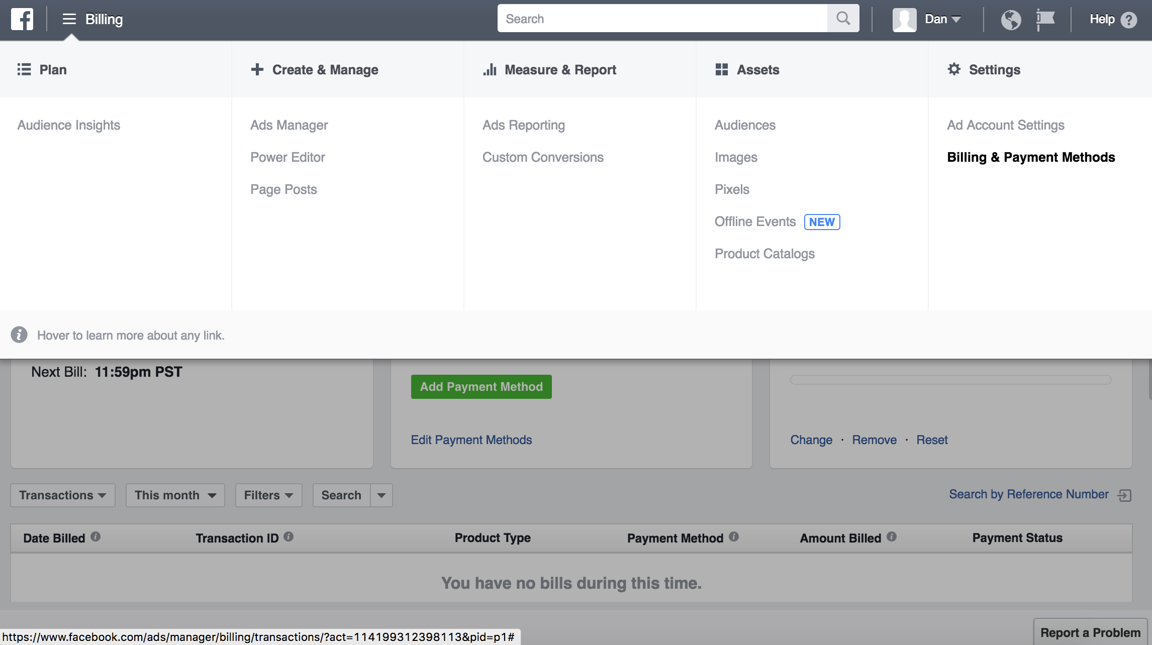 Facebook Ads Manager: Expanded Menu