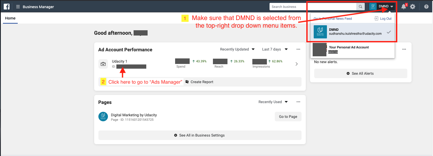 A first-time successful login to **Facebook Business Manager**