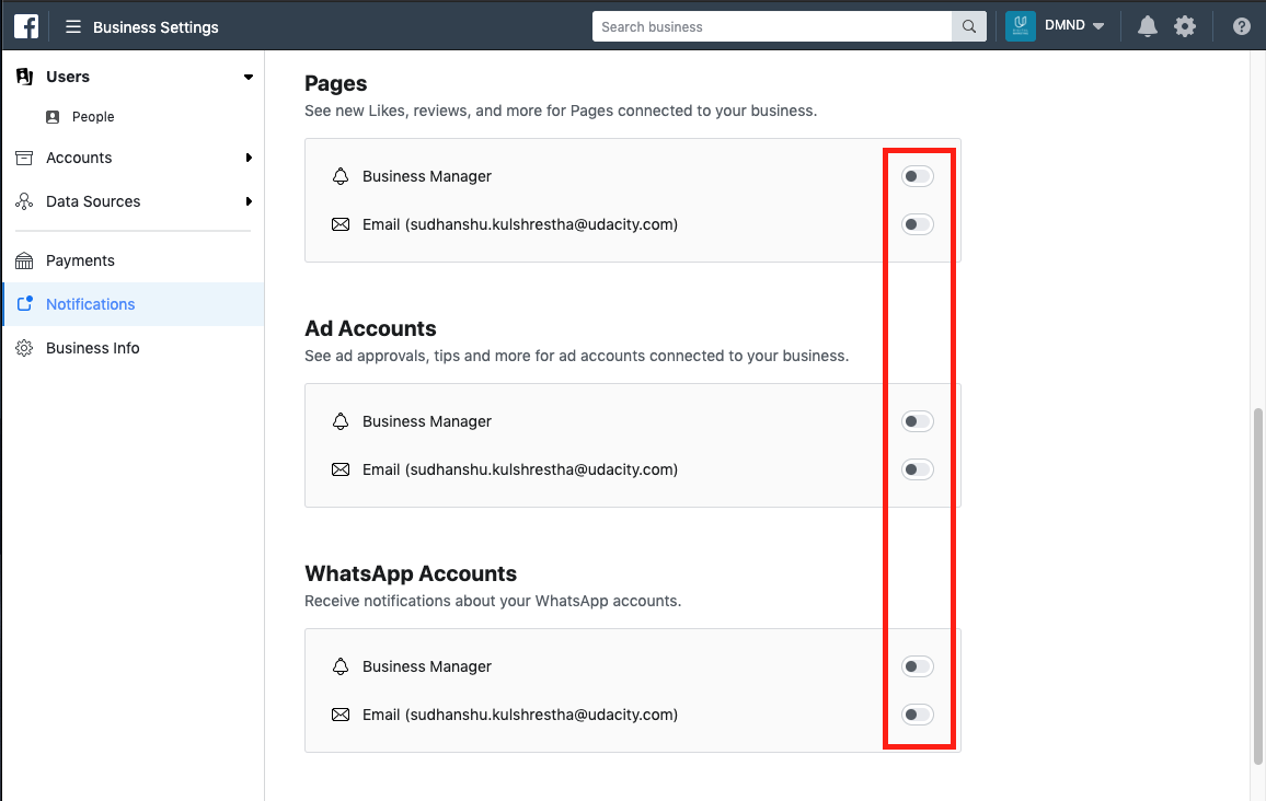 Turn off notifications for Business Pages, Ads, and WhatsApp
