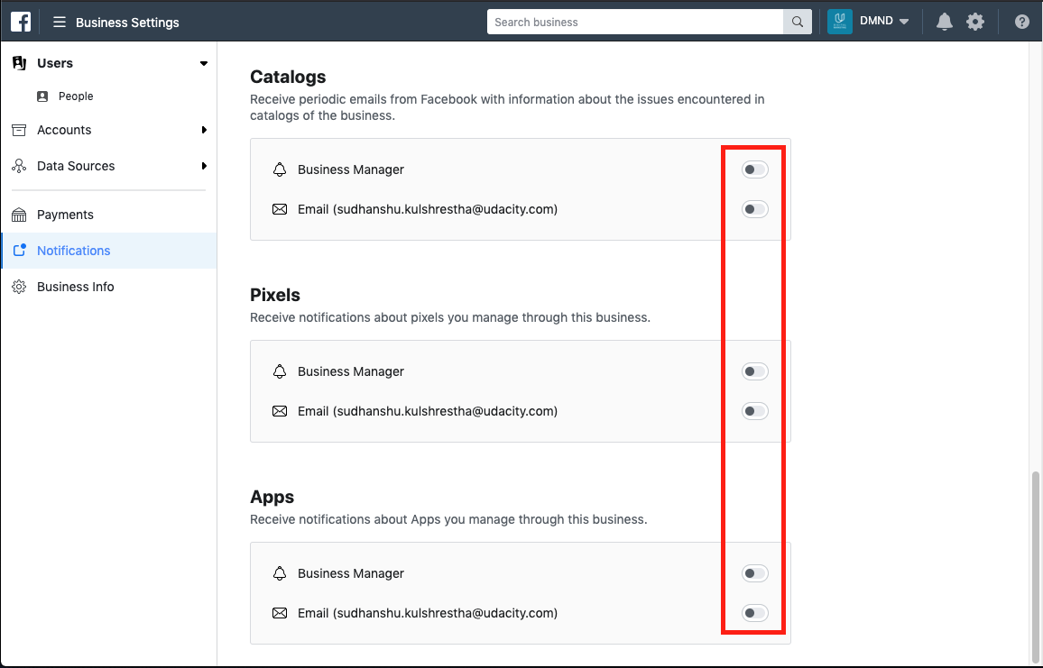 Turn off notifications for Business catalogs, Pixels, and Apps