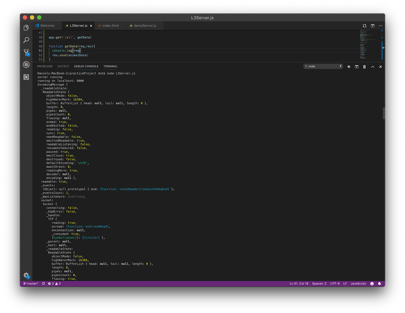 A portion of the data returned by the `req` (request) parameter of a GET route.