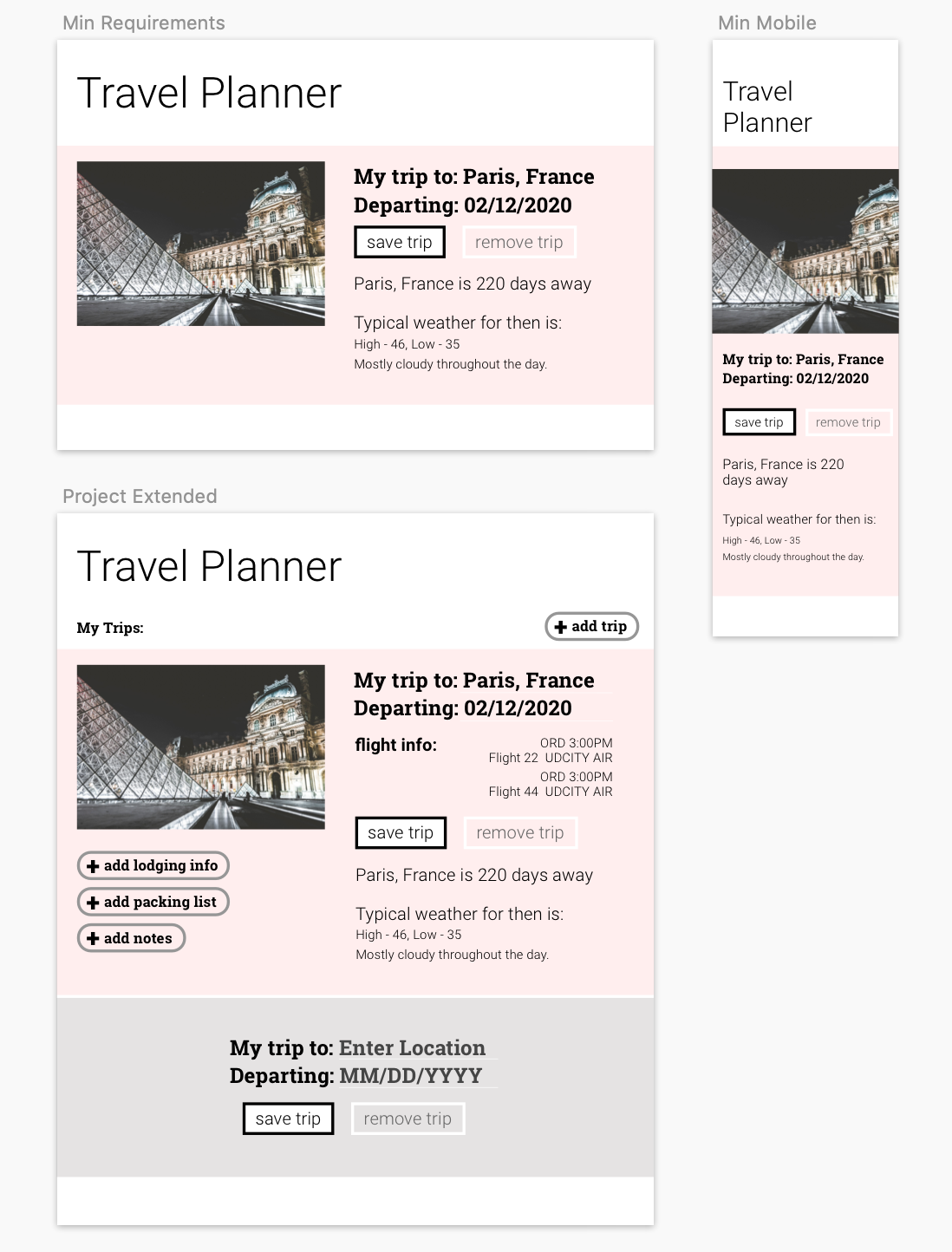 An example Travel App, both at minimum and with additional functionality